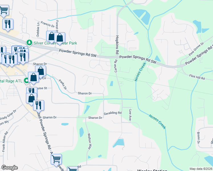 map of restaurants, bars, coffee shops, grocery stores, and more near 3633 Sharon Mill in Powder Springs
