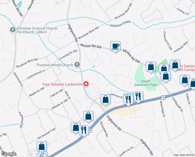 map of restaurants, bars, coffee shops, grocery stores, and more near 3244 Cherrychest Way in Snellville