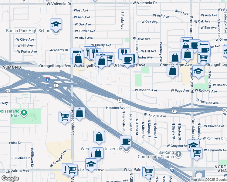 map of restaurants, bars, coffee shops, grocery stores, and more near 1438 South Peckham Street in Fullerton