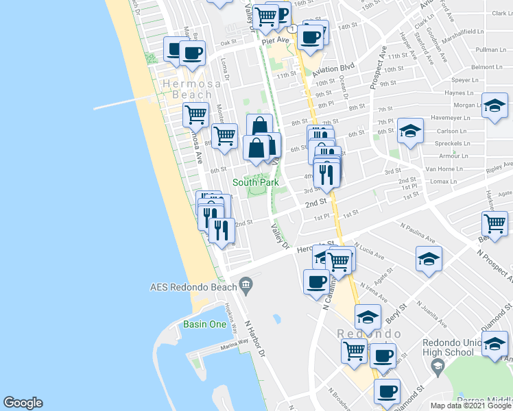 map of restaurants, bars, coffee shops, grocery stores, and more near 433 2nd Street in Hermosa Beach