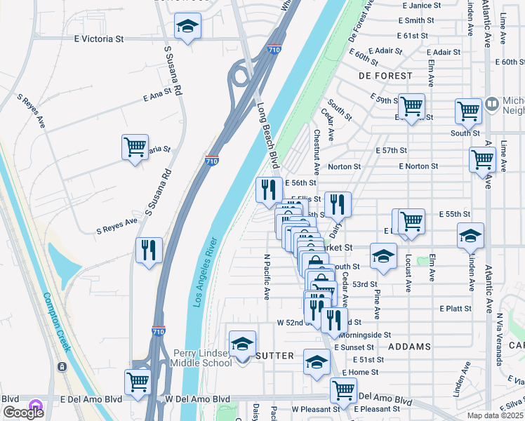 map of restaurants, bars, coffee shops, grocery stores, and more near 5533 Long Beach Boulevard in Long Beach