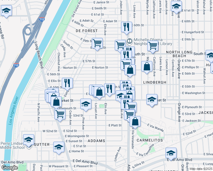 map of restaurants, bars, coffee shops, grocery stores, and more near 401 East 55th Street in Long Beach