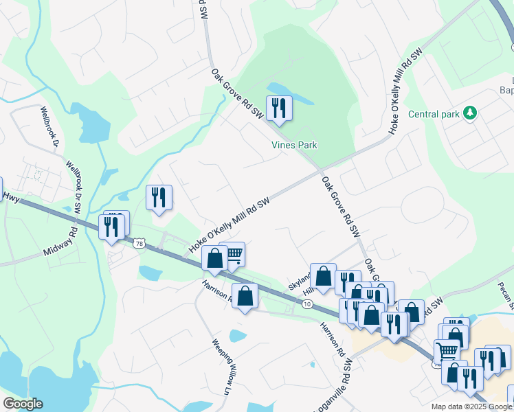 map of restaurants, bars, coffee shops, grocery stores, and more near Hoke O'Kelly Mill Road Southwest in Loganville