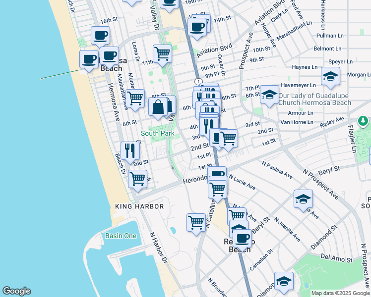 map of restaurants, bars, coffee shops, grocery stores, and more near in Hermosa Beach