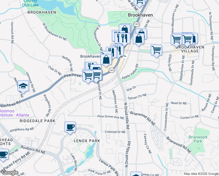 map of restaurants, bars, coffee shops, grocery stores, and more near 1186 Standard Drive Northeast in Atlanta