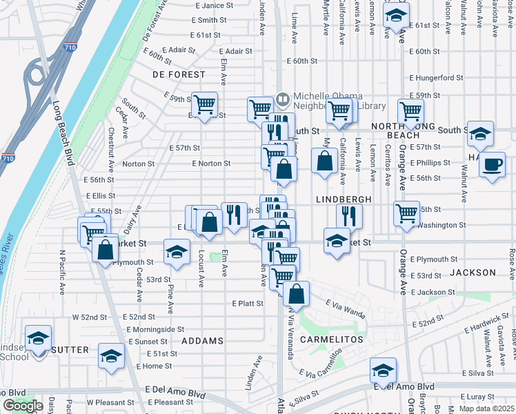 map of restaurants, bars, coffee shops, grocery stores, and more near 489 East 55th Street in Long Beach