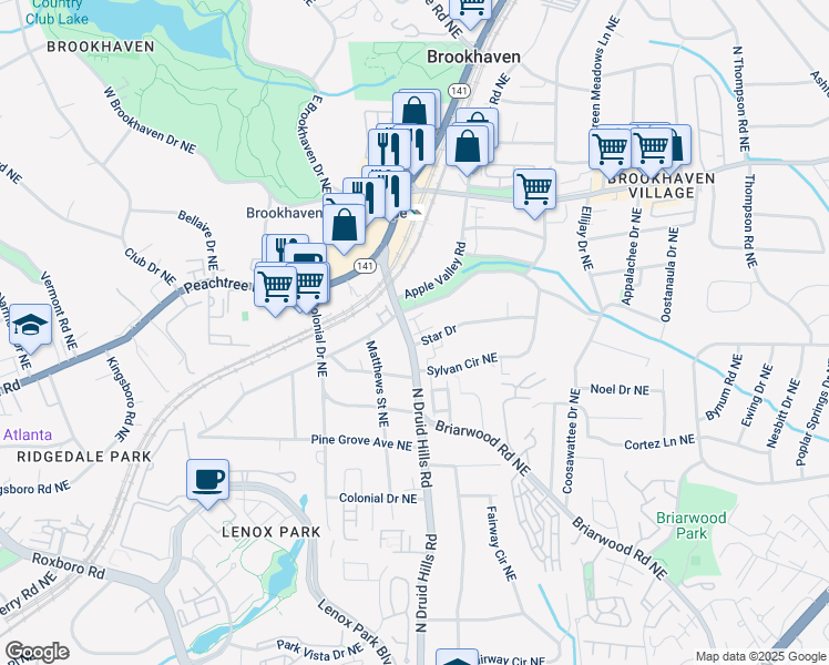 map of restaurants, bars, coffee shops, grocery stores, and more near 2586 Brookhaven Chase Lane Northeast in Atlanta