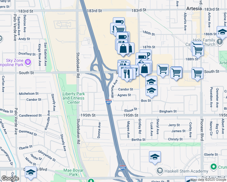 map of restaurants, bars, coffee shops, grocery stores, and more near 11202 Candor Street in Cerritos