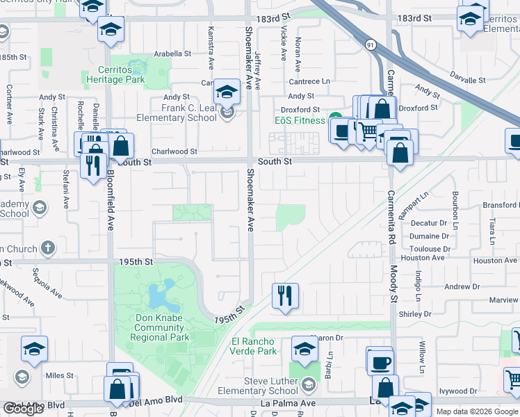 map of restaurants, bars, coffee shops, grocery stores, and more near 13014 Espinheira Drive in Cerritos