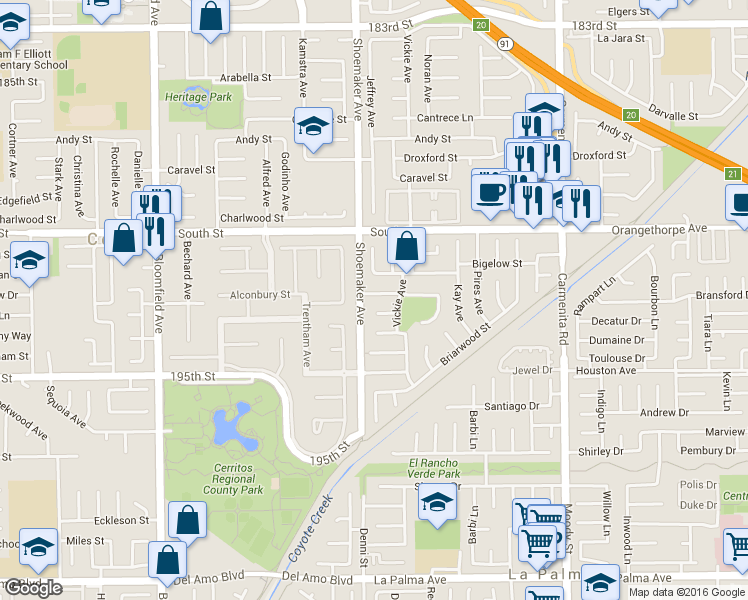 map of restaurants, bars, coffee shops, grocery stores, and more near 13014 Espinheira Drive in Cerritos