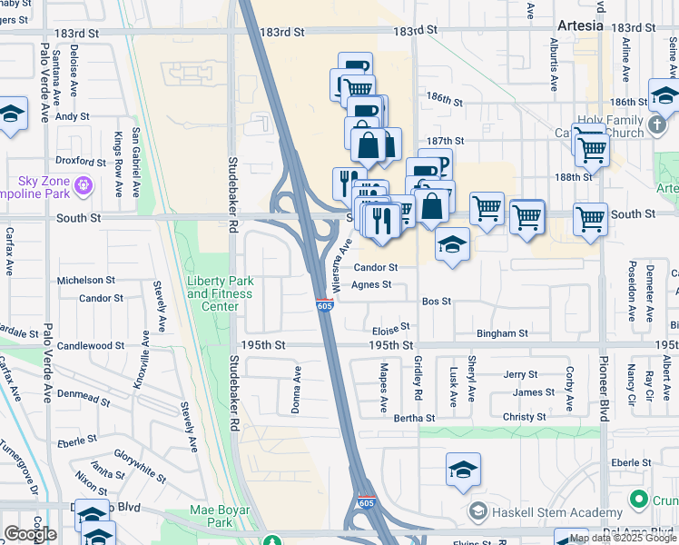 map of restaurants, bars, coffee shops, grocery stores, and more near 11202 Candor Street in Cerritos