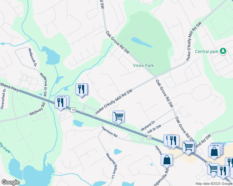 map of restaurants, bars, coffee shops, grocery stores, and more near 3585 Lochmill Drive in Loganville