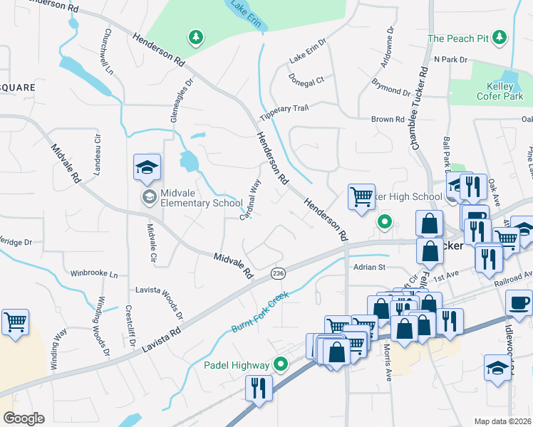 map of restaurants, bars, coffee shops, grocery stores, and more near 3924 Cardinal Court in Tucker