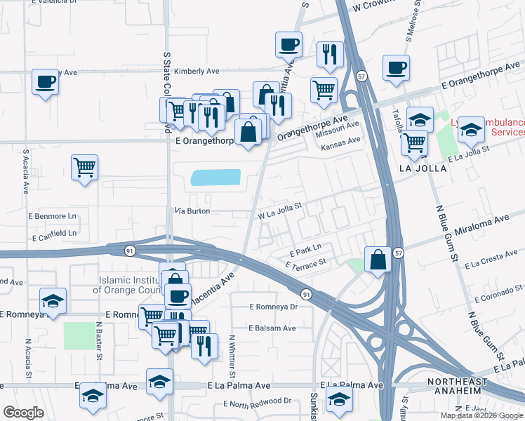 map of restaurants, bars, coffee shops, grocery stores, and more near 1120 North Placentia Avenue in Fullerton