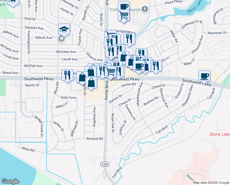 map of restaurants, bars, coffee shops, grocery stores, and more near 2726 Devon Road in Wichita Falls