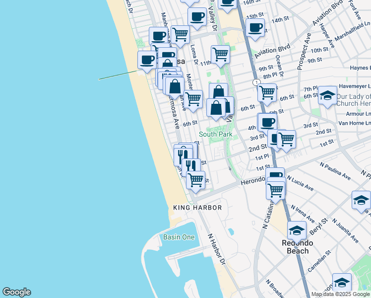 map of restaurants, bars, coffee shops, grocery stores, and more near 109 4th Street in Hermosa Beach