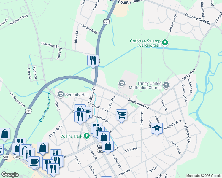 map of restaurants, bars, coffee shops, grocery stores, and more near 1708 Sherwood Drive in Conway