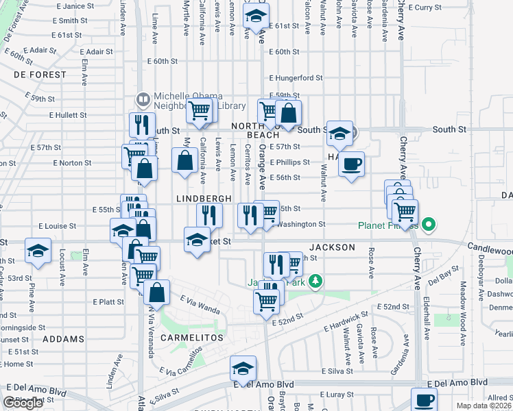 map of restaurants, bars, coffee shops, grocery stores, and more near 1170 East 55th Street in Long Beach