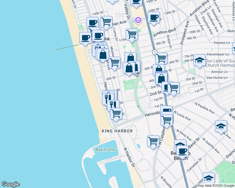 map of restaurants, bars, coffee shops, grocery stores, and more near 317 Bayview Drive in Hermosa Beach