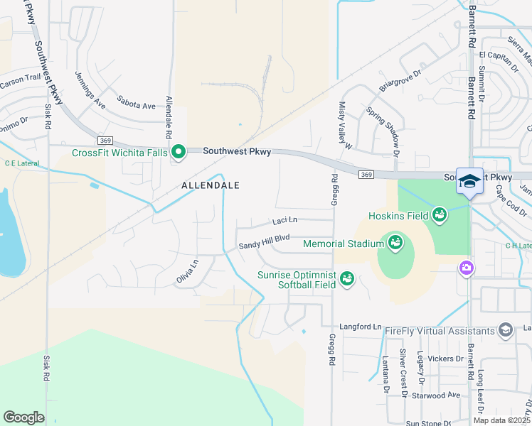map of restaurants, bars, coffee shops, grocery stores, and more near 3 Callie Court in Wichita Falls