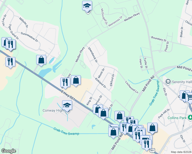 map of restaurants, bars, coffee shops, grocery stores, and more near 1109 Monti Drive in Conway
