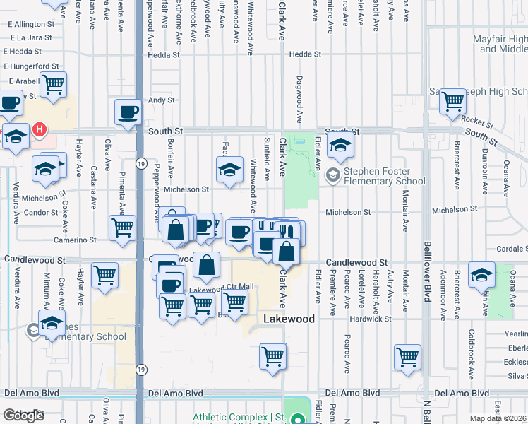 map of restaurants, bars, coffee shops, grocery stores, and more near 5506 Whitewood Avenue in Lakewood