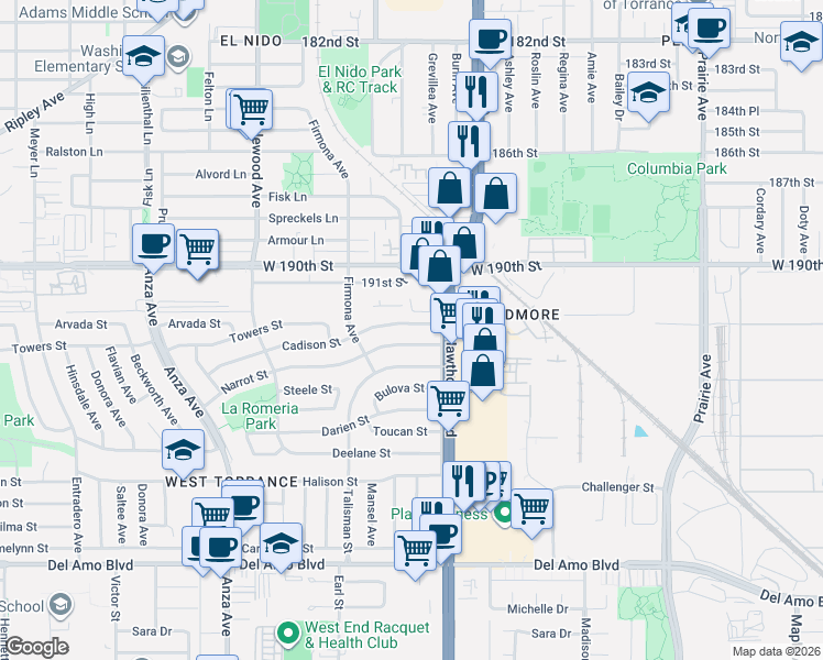 map of restaurants, bars, coffee shops, grocery stores, and more near 4509 Cadison Street in Torrance