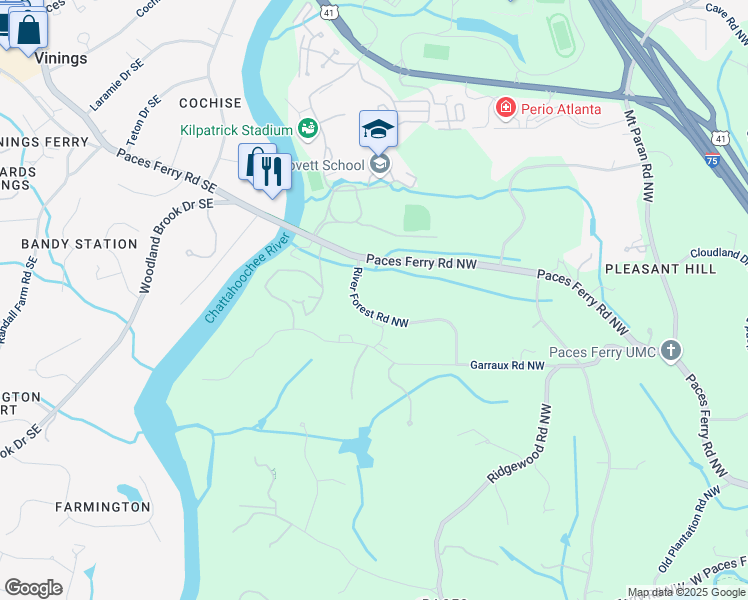 map of restaurants, bars, coffee shops, grocery stores, and more near 1961 River Forest Road Northwest in Atlanta