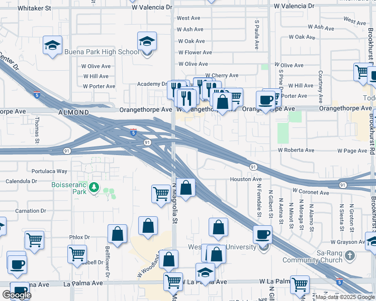 map of restaurants, bars, coffee shops, grocery stores, and more near 1600 Picadilly Way in Fullerton