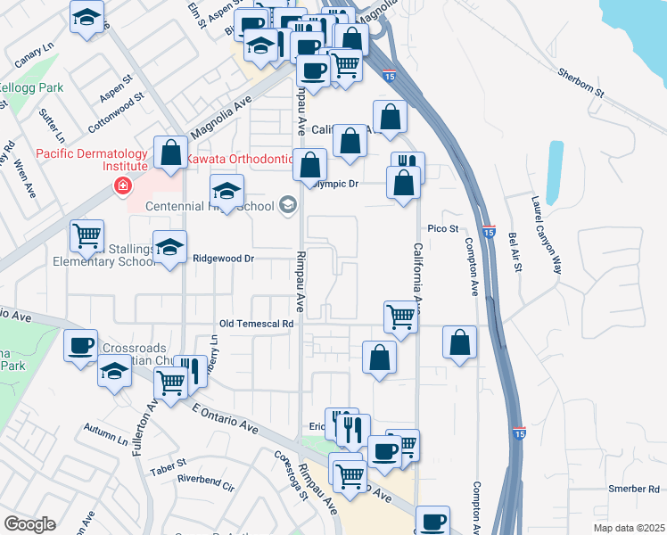 map of restaurants, bars, coffee shops, grocery stores, and more near 1840 Baywood Drive in Corona