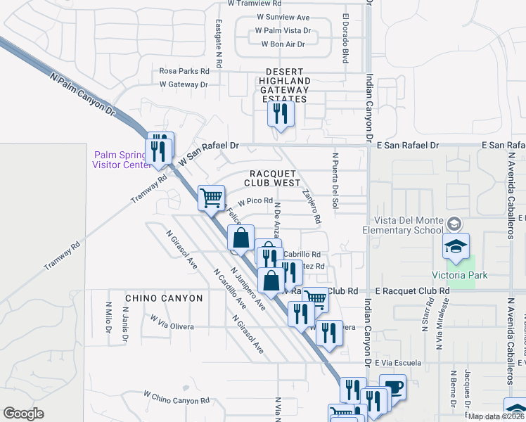map of restaurants, bars, coffee shops, grocery stores, and more near 2951 North De Anza Road in Palm Springs