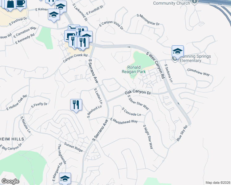 map of restaurants, bars, coffee shops, grocery stores, and more near 8236 East White Fir Lane in Anaheim