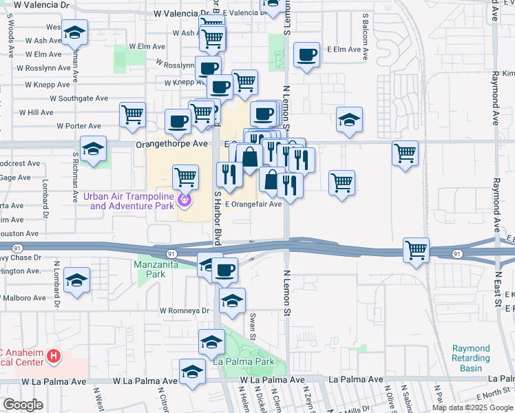 map of restaurants, bars, coffee shops, grocery stores, and more near 51 Orangefair Avenue in Fullerton