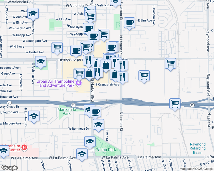 map of restaurants, bars, coffee shops, grocery stores, and more near 215 East Orangefair Mall in Fullerton