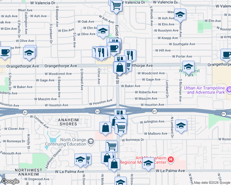 map of restaurants, bars, coffee shops, grocery stores, and more near 1000 West Houston Avenue in Fullerton