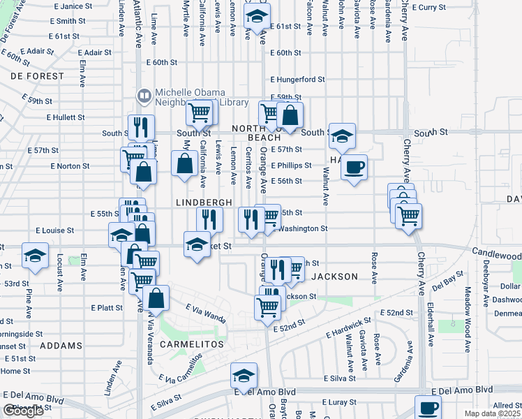 map of restaurants, bars, coffee shops, grocery stores, and more near 5513 Orange Avenue in Long Beach