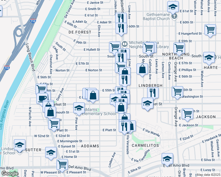map of restaurants, bars, coffee shops, grocery stores, and more near 484 East Ellis Street in Long Beach
