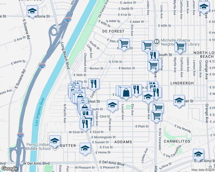 map of restaurants, bars, coffee shops, grocery stores, and more near 178 East Ellis Street in Long Beach
