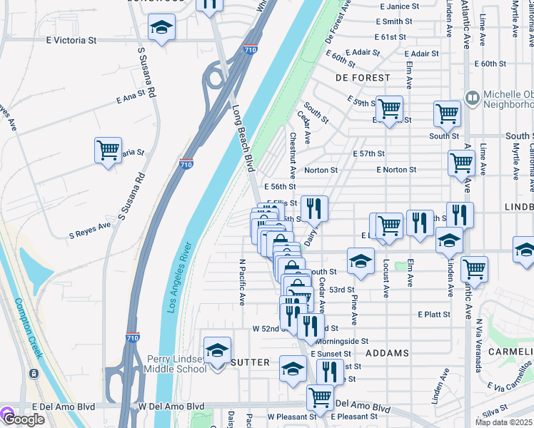 map of restaurants, bars, coffee shops, grocery stores, and more near 5530 Long Beach Boulevard in Long Beach