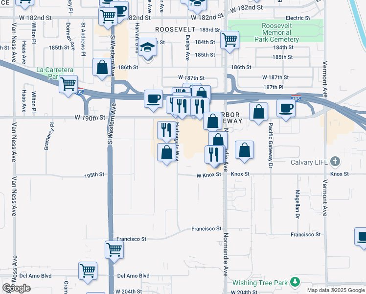 map of restaurants, bars, coffee shops, grocery stores, and more near 19150 Harborgate Way in Torrance