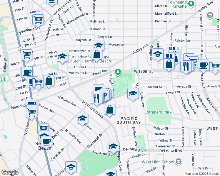 map of restaurants, bars, coffee shops, grocery stores, and more near 298 Flagler Lane in Redondo Beach
