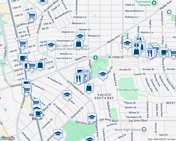 map of restaurants, bars, coffee shops, grocery stores, and more near 298 Flagler Lane in Redondo Beach