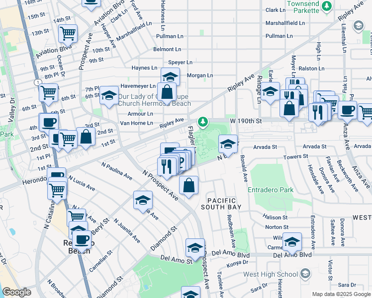 map of restaurants, bars, coffee shops, grocery stores, and more near 298 Flagler Lane in Redondo Beach