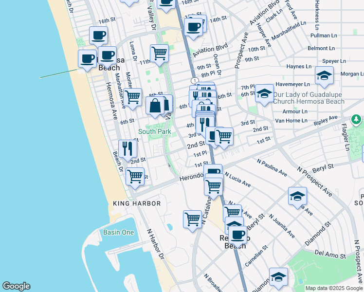 map of restaurants, bars, coffee shops, grocery stores, and more near in Hermosa Beach