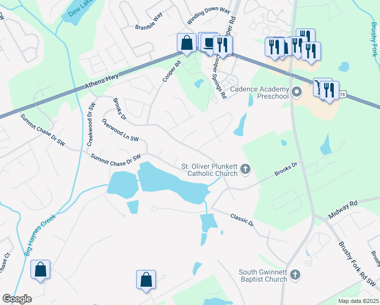 map of restaurants, bars, coffee shops, grocery stores, and more near 3061 Brooks Drive in Snellville