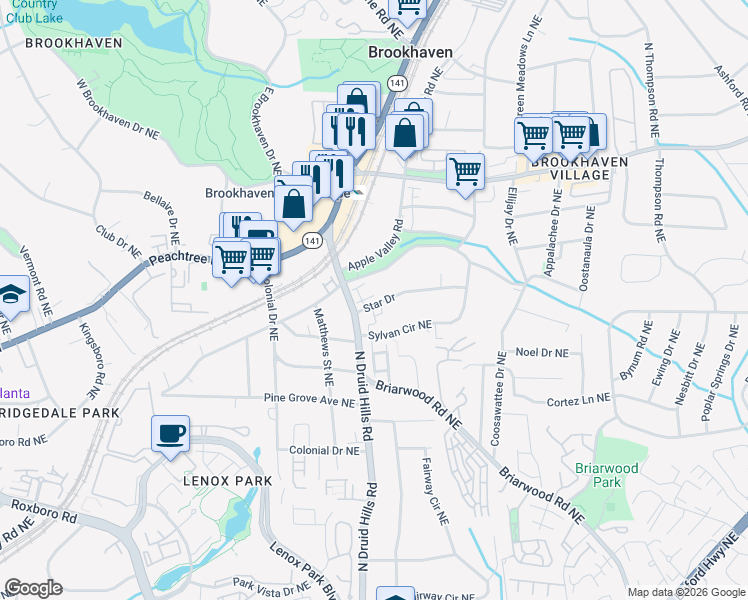 map of restaurants, bars, coffee shops, grocery stores, and more near 2579 Brookhaven Chase Lane Northeast in Atlanta