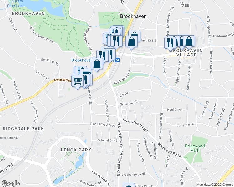 map of restaurants, bars, coffee shops, grocery stores, and more near 2586 Brookhaven Chase Lane Northeast in Atlanta