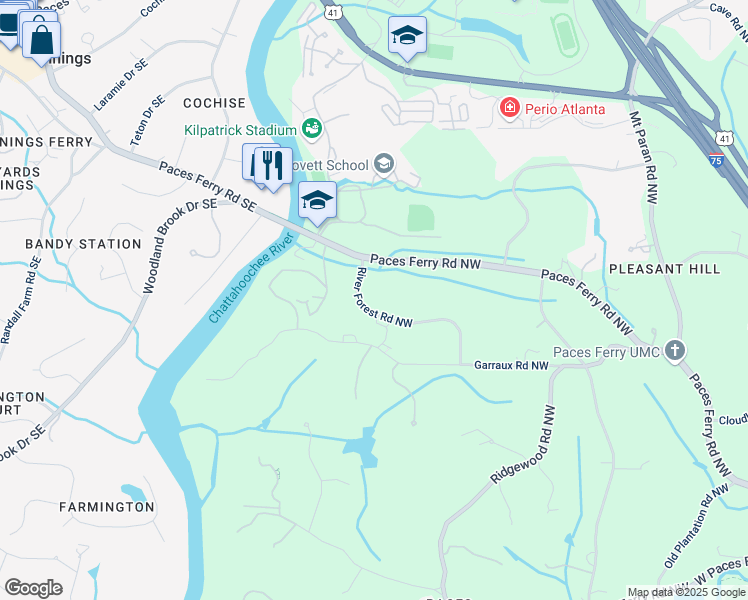 map of restaurants, bars, coffee shops, grocery stores, and more near 1961 River Forest Road Northwest in Atlanta