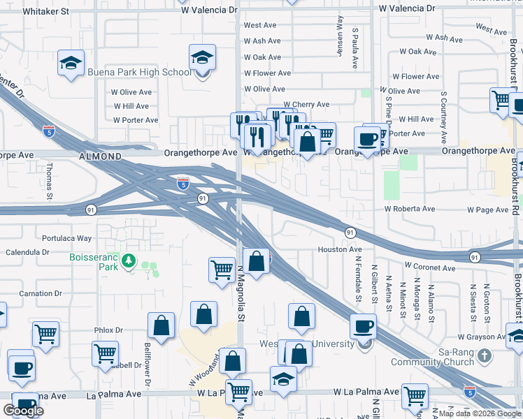 map of restaurants, bars, coffee shops, grocery stores, and more near 1600 Picadilly Way in Fullerton