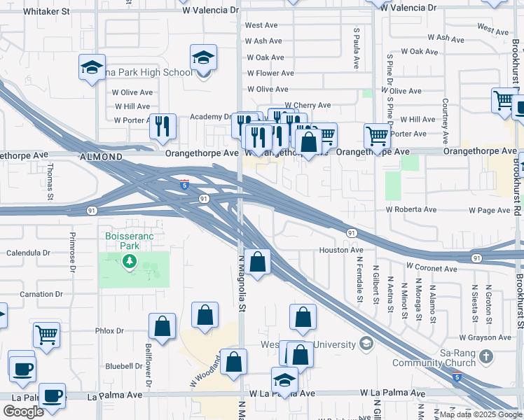 map of restaurants, bars, coffee shops, grocery stores, and more near 1600 Picadilly Way in Fullerton
